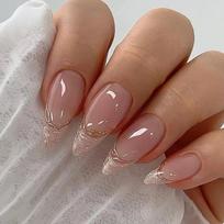 24Pcs French Almond False Nails Pink Stiletto Press On Nails With White Edge Design And Glue Simple Wearable Nail Tips