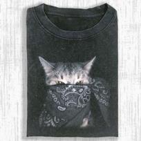 Vintage Wash Cat Bandana Meme, Gangster Kitty Tee, Funny Outlaw Cat Shirt, Cat Lover Gift, Gen Z Cat Meme Top S gray