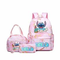 Stitch Print School Backpack Set for Boys Girls Large Capacity Breathable Bookbag Three piece set rožinė