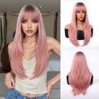 Juodi su rožiniais akcentais sintetiniai perukai su kirpčiukais Ilgi tiesūs juodi su raudonais akcentais perukai moterims Cosplay vakarėliui Kalėdinis perukas 26 coliai 1pc white