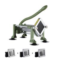 VEVOR French Fry Cutter, Potato Slicer with 1/2  3/8  1/4  Stainless Steel Blades, Manual Potato Cutter Chopper with Suction Cups žalia