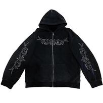 Y2K Rhinestone Letter Hoodies Women Gothic Black Zip Up Oversized Sweatshirts Female Retro Harajuku Hooded Jacket Streetwear 2XL black