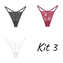 FINETOO  Kit 3 Women Cotton Thongs Sexy Low-Waist G-string Lace Floral Panties Bikini Lingerie M gray