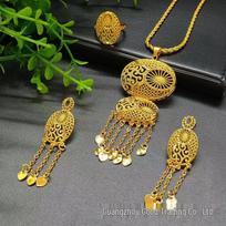 Dubai 24k Gold-Plated Jewelry Set: Tassel Pendant Earrings & Ring – Indian-African Bridal Style 24k Gold Plated beige