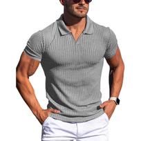 Vyriški polo marškinėliai su V kakleliu Slim Fit trumpomis rankovėmis golfo marškinėliai briaunoti megzti minkšti marškinėliai Vasariniai megztiniai su apykakle vyrams, kvėpuojantys marškinėliai L šviesiai pilka spalva