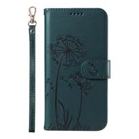 Odinė piniginė su atverčiamu dangteliu, skirta Realme 16 Pro Plus 15 15X 15T 14 14T 14X 12 13 11 11X 10 10T 4G 5G, su kiaulpienės reljefiniu dizainu, kortelių lizdais, riešo dirželiu realme 10 Pro+ tamsiai žalia spalva