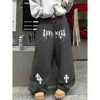 Men's Urban Black Sweatpants, Wide Leg with White Abstract Tribal & Art Prints, Drawstring Loose Fit Streetwear Essentia L black