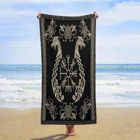 Norse Viking Theme Oversized Beach Swim Towel Portable Modern Mythological Hieroglyphics Abstract Gothic Prints Traveling W40*H60(CM) gray