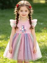 Prabangus mergaičių vaivorykštės princesės suknelė - vasarinė marlės suknelė su plačiais rankogaliais ir keičiamu spausdintu viršumi 6 Years white