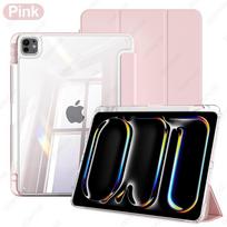 Case for iPad Pro 11 M4 M5 , with Pencil Holder, Slim Trifold Smart Cover with Transparent Back, Tablet Accessories rožinė