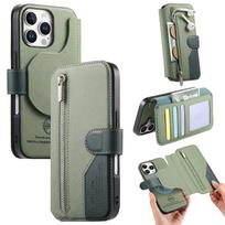 2 viename nuimamas užtrauktuku odinis piniginės flip dėklas, skirtas iPhone 16 Pro Max 15 14 13 12 11 16E 16Plus, prabangus RFID stovas, knygos tipo dangtelis iPhone 13 žalia
