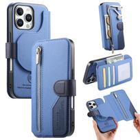 2 viename nuimamas užtrauktuku odinis piniginės flip dėklas, skirtas iPhone 16 Pro Max 15 14 13 12 11 16E 16Plus, prabangus RFID stovas, knygos tipo dangtelis iPhone 16e mėlyna