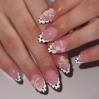 Flower Detail Press On Nail Manicure Kit With Soft Pink French Edge Design, Dot Pattern Finish and 24 Piece Multi Size Wear for Party Styling 1 brown