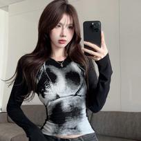 Girls Y2K T-shirts Black Printed Fashion Lady Club Bar Tees Long Sleeve T-shirts For Women XL