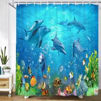 Gražios delfinų animacijos Dušo užuolaidos Vandeniui atspari vonios kambario užuolaida 3D jūrų gyvūnija Su kabliukais Didelis dydis 240*180cm Vonios ekranas W60H190(CM)-1 Pcs blue