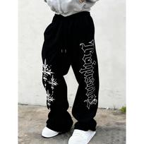 Juodos Plačių Kojų Vyriškos Sportinės Kelnės, Šaunus Raštas Spausdintas Laisvo Kirpimo, Urbanistinio Gatvės Stiliaus M black