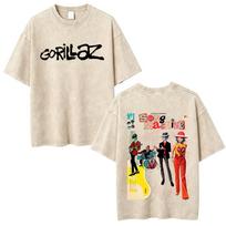Skalbti Vintažiniai Roko Grupės Gorillaz Veido Grafikos Marškinėliai Vyrams Hip Hop Mados Marškinėliai Vyriški Retro Per dydį Trumpomis Rankovėmis Marškinėliai 2XL beige