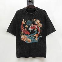 Japoninis karpis Koi Žiedų vyšnia T-shirt Skalbta medvilnė Gatvės T-shirt Retro Vyrams Moterims Streetwear Spausdinti Viršutiniai marškinėliai S black