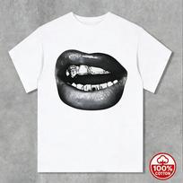 Pilkos Spalvos Blizgūs Lūpai Su Sidabriniais Deimantiniais Grillz Hip Hop Grafinis Marškinėlis Aukštos Gatvės Rap Mada Laisvi Laisvalaikio Trumpomis Rankovėmis Marškinėliai L black