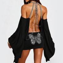 New European and American Spice Girls style off-the-shoulder, backless, hip-wrapped, sexy loose bat-sleeved dress design, neck-hanging skirt M juoda