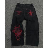 Vyriškos Y2K Gatvės Stiliaus Plačios Džinsinės Kelnės Aukštu Liemeniu Laisvo Kirpimo Retro Punk Siuvinėti Džinsai Medium gray