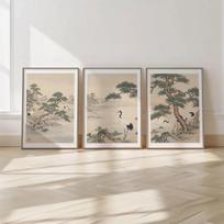 Japonijos kraštovaizdžio sienos meno rinkinys - Gervių ir pušų spaudiniai - Japandi sienos menas - Azijietiškas Zen plakato trio - Gervių triptikas 60X90CM No Framed