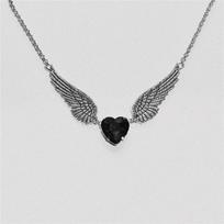 Gothic Heart-Shaped Ruby and Silver Wings Pendant Necklace gray