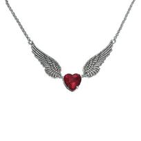 Gothic Heart-Shaped Ruby and Silver Wings Pendant Necklace gray
