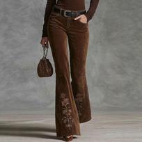 Moterų Velvetinės Flaire Kelnės Su Gėlių Siuvinėjimu Slim Fit Laisvalaikio Kelnės Žieminės Large gray