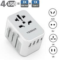 TESSAN universalus kelioninio kištuko adapteris „Viskas viename“ kelioninis įkroviklis su USB prievadais ir C tipo sieninis įkroviklis, skirtas JAV ES JK AUS kelionėms 3 USB-A & 1 USB-C pilka spalva