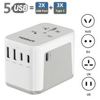 TESSAN universalus kelioninio kištuko adapteris „Viskas viename“ kelioninis įkroviklis su USB prievadais ir C tipo sieninis įkroviklis, skirtas JAV ES JK AUS kelionėms 2 USB-A & 3 USB-C pilka spalva