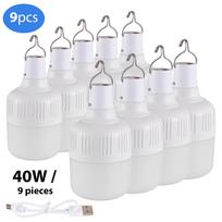 9 vnt avarinės elektros lemputės 40 W įkraunama LED lemputė su kabliu 5 pavarų reguliuojama energija 40W 9Pcs balta