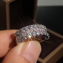 Copper-Plated Platinum Ladder Zircon Women'S Ring, Luxury Hand Jewelry 10 gray