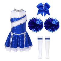 Merginų šokio kostiumų rinkinys cheerleadingui: Blizganti aplikacijų patchwork suknelė su paslėptu užtrauktuku, lankelis plaukams, gėlės rankoms ir dryžuotos kojinės 5-6 Years blue