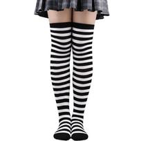 Ilgi moteriški kojinės virš kelių dryžuotos iki šlaunų taškuotos moteriškos juodos baltos rožinės Cosplay Lolita Harajuku Y2k One Size black