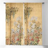 Japonijos Edo laikotarpio šešių panelių aukso lapo ekranas Baltos ir raudonos chrizantemos langų užuolaidos Gyvenamoji erdvė Miegamojo erdvė Langų dekoras Langų užuolaidos 60W150H(CM)x2&Hook beige