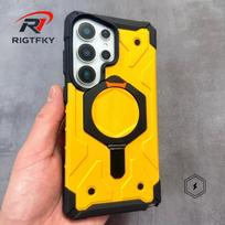 Stovelio magnetinis dėklas, skirtas Samsung S26 Ultra S25 S24 S23 S26ULTRA, tvirtas, atsparus smūgiams, sunkus šarvuotas MagSafe apsauginis dangtelis Galaxy S25 Ultra geltona
