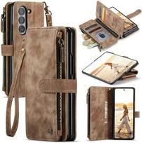 Odinė piniginė su užtrauktuku ir telefono dėklas, skirtas Samsung Galaxy Z Fold 8 Ultra 7 6 5 4 5G Fold7, su dirželiu, piniginės kortelės laikiklio dangtelis Etui Galaxy Z Fold6 ruda