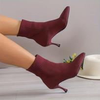Moteriški rudens aštrių pirštų aukštakulniai kojinės tipo batai - Tamprios megztos ankle boots, korėjietiško stiliaus aptempti ankle boots su storu kulnu rudeniui ir žiemai 36 bordinė
