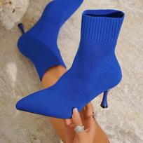 Moteriški rudens aštrių pirštų aukštakulniai kojinės tipo batai - Tamprios megztos ankle boots, korėjietiško stiliaus aptempti ankle boots su storu kulnu rudeniui ir žiemai 43 mėlyna