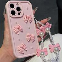 3D kaspinas su perlais silikoninis telefono dėklas iPhone 16 17 Pro 15 14 13 12 11 Pro Max 16E 7 8 Plus, su dirželiu, minkštas dėklas For iPhone 17 Pro rožinė