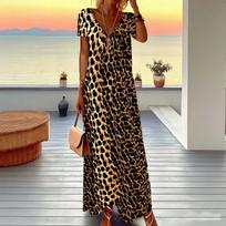 Women Plus Size Short Sleeve V Neck Maxi Dress Warm Camel Leopard Print Loose Summer Vacation Long Dress 6XL black
