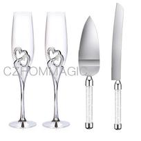 4Pcs/Set,Wedding Champagne Flutes and Cake Knife Server Set,Bride and Groom Toasting Flutes with Cake Cutting Set,Champagne Cup