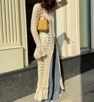 European and American Spice Girls Hollow-out Long Knitted Jacket Women's Design Sense Lotus Leaf Edge Lazy Wind Outside Flared Sleeve Dress L brown