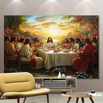 Paskutinė vakarienė Jėzaus ir jo mokinių Saulėlydis Ežero vaizdas Krikščioniška Tobula freska Šeimos susibūrimas Miegamojo sienos dekoracija 100X150CM brown