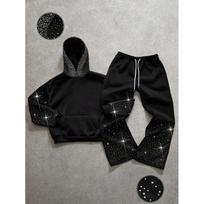 Gotikinis Streetwear Džemperis su Kapišonu ir Kelnės Rinkinys Su Cirkonio Papuošimais Unisex Ilgomis Rankovėmis Laisvalaikio Sportinis Kostiumas Juodas Small gray
