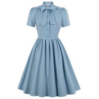 Moteriška senovinė 50-ųjų sūpuoklinė suknelė su lanku, kaklo mygtukas priekyje, trumpomis rankovėmis, čiuožėjas Midi elegantiškas vakarėlis. S šviesiai mėlyna spalva