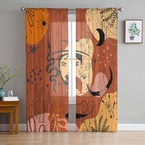 Cowboy Cactus Guitar Bohemia Retro Sheer Curtains Living Room Window Tulle Curtains Bedroom Veiling Curtains Decor Luxury Drapes W135 x H114cm brown
