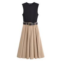 LYRIA moteriškos suknelės su diržu, klostytos midi suknelės, moteriškos suknelės be rankovių, moteriškos megztos proginės suknelės. S beige