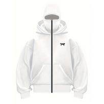 European and American New Printed Double Hat Hooded Sweatshirt, Masked Sweatshirt, Men's and Women's Zipper Style Casual Jacket M white